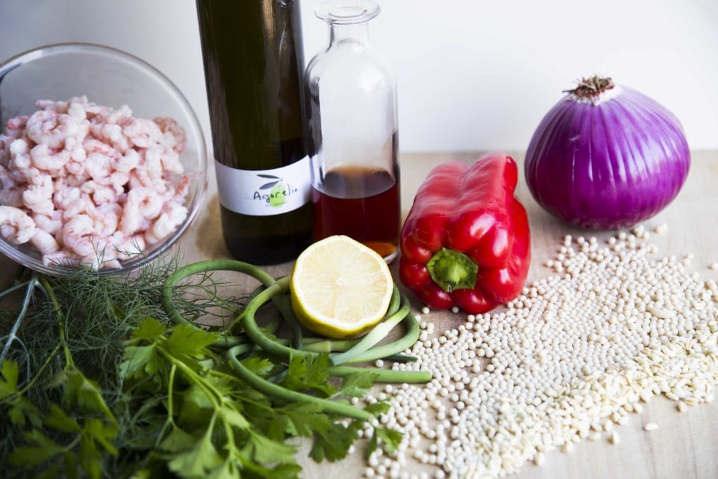 Salade de couscous Israélien aux crevettes / Cinq Fourchettes