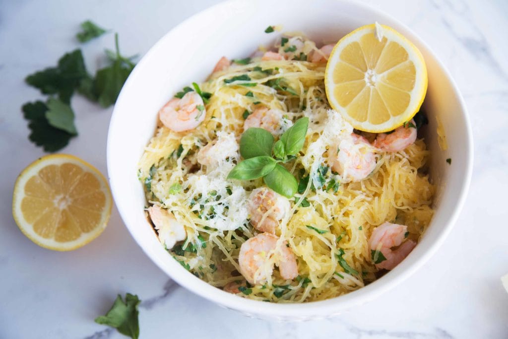 Courge spaghetti aux crevettes et citron / Cinq Fourchettes