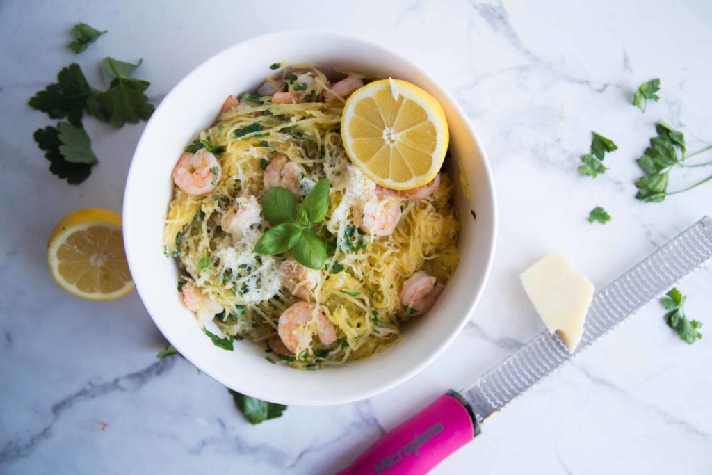 Courge spaghetti aux crevettes et citron / Cinq Fourchettes