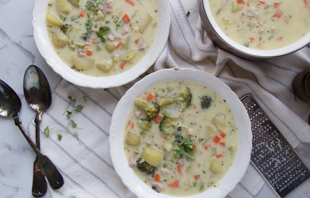 soupe jambon pomme de terre patate carotte brocoli recette Cinq Fourchettes