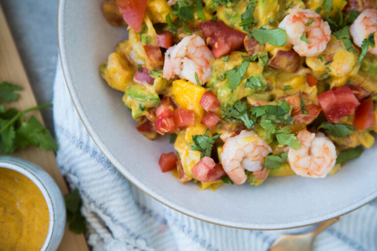 salade crevettes mangue avocat tomates santé sans gluten sans allergène recette Cinq Fourchettes shrimp salad mango tomato avocado recipe