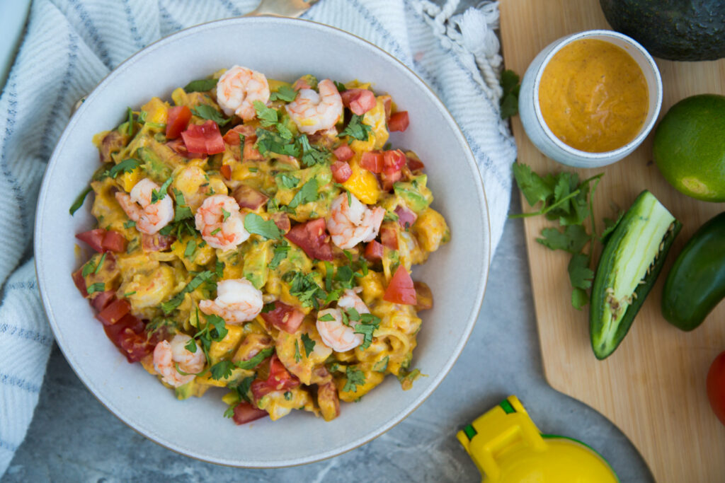 salade crevettes mangue avocat tomates santé sans gluten sans allergène recette Cinq Fourchettes shrimp salad mango tomato avocado recipe
