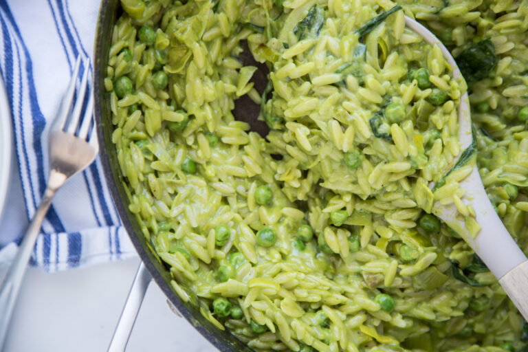 Orzo sauce aux épinards et petits pois recette recipe spinach peas Cinq Fourchettes