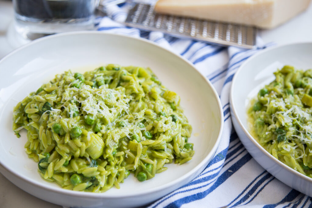 Orzo sauce aux épinards et petits pois recette recipe spinach peas Cinq Fourchettes