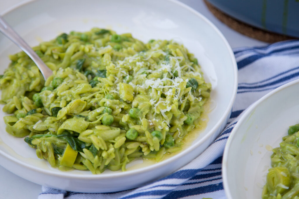 Orzo sauce aux épinards et petits pois recette recipe spinach peas Cinq Fourchettes