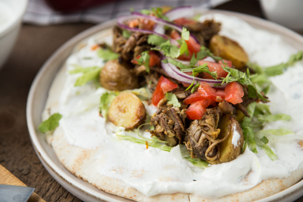 pita gyros au boeuf roti de palette pommes de terre recette recipe Cinq Fourchettes beef