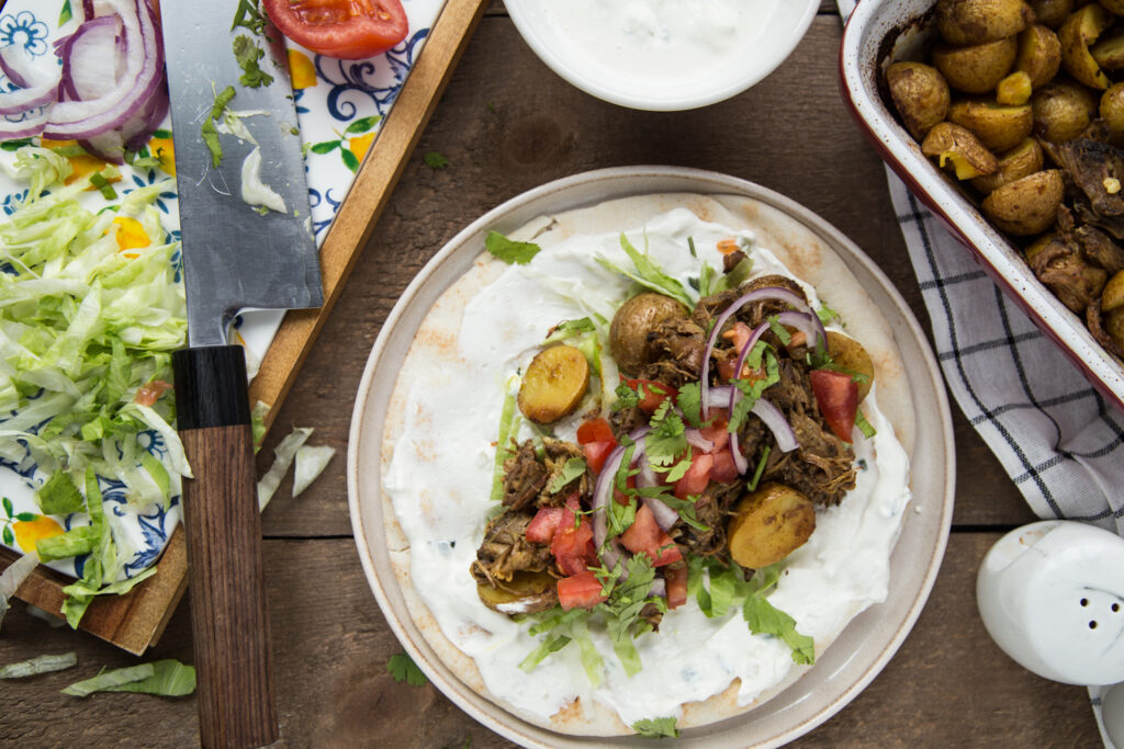 pita gyros au boeuf roti de palette pommes de terre recette recipe Cinq Fourchettes beef