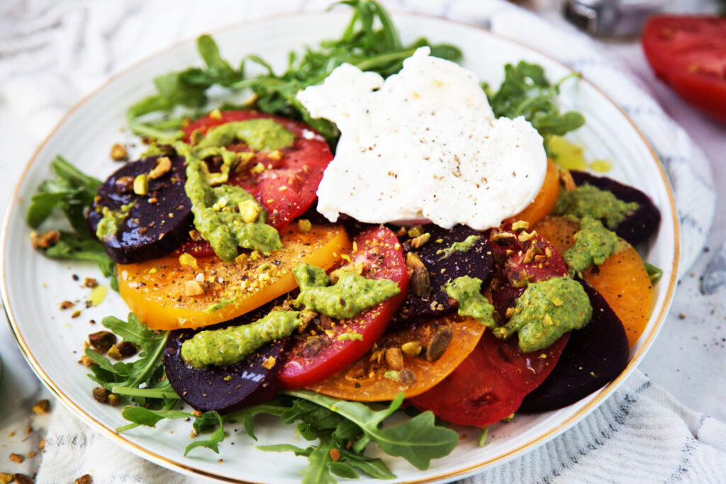 salade roquette tomates betteraves burrata cinq fourchettes recette recipe tomato beet pesto pistache pistachio