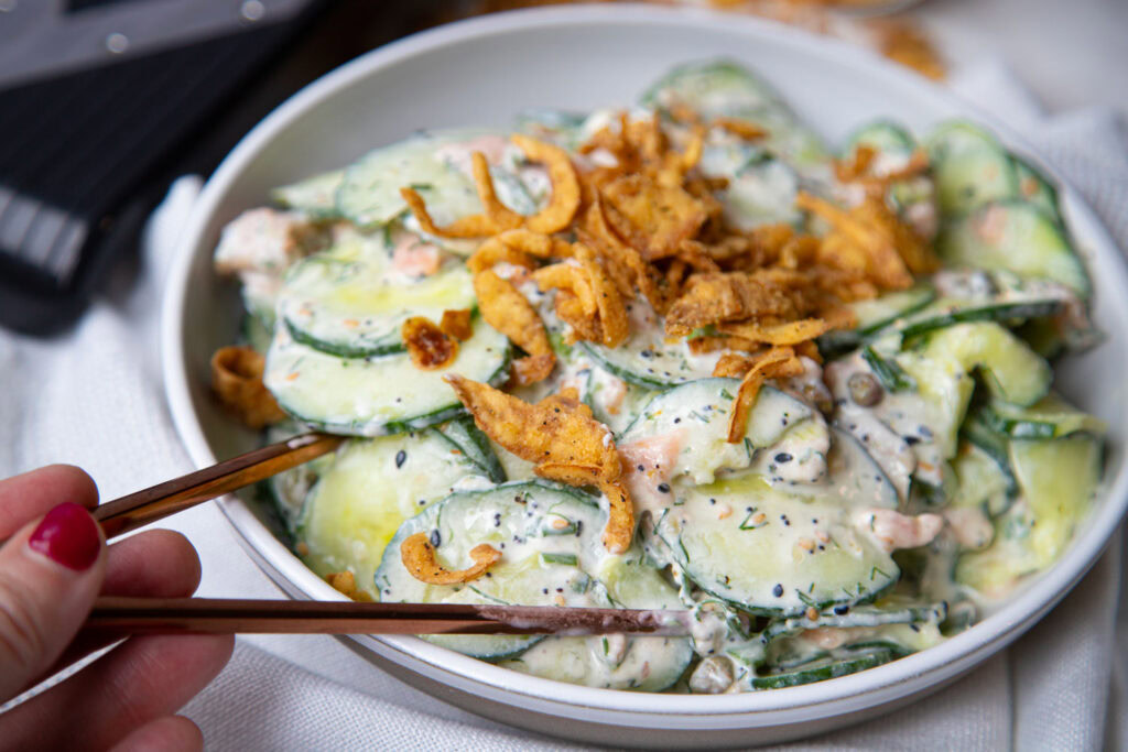 Boursin salade de concombre virale recipe recette cucumber salad viral Cinq Fourchettes