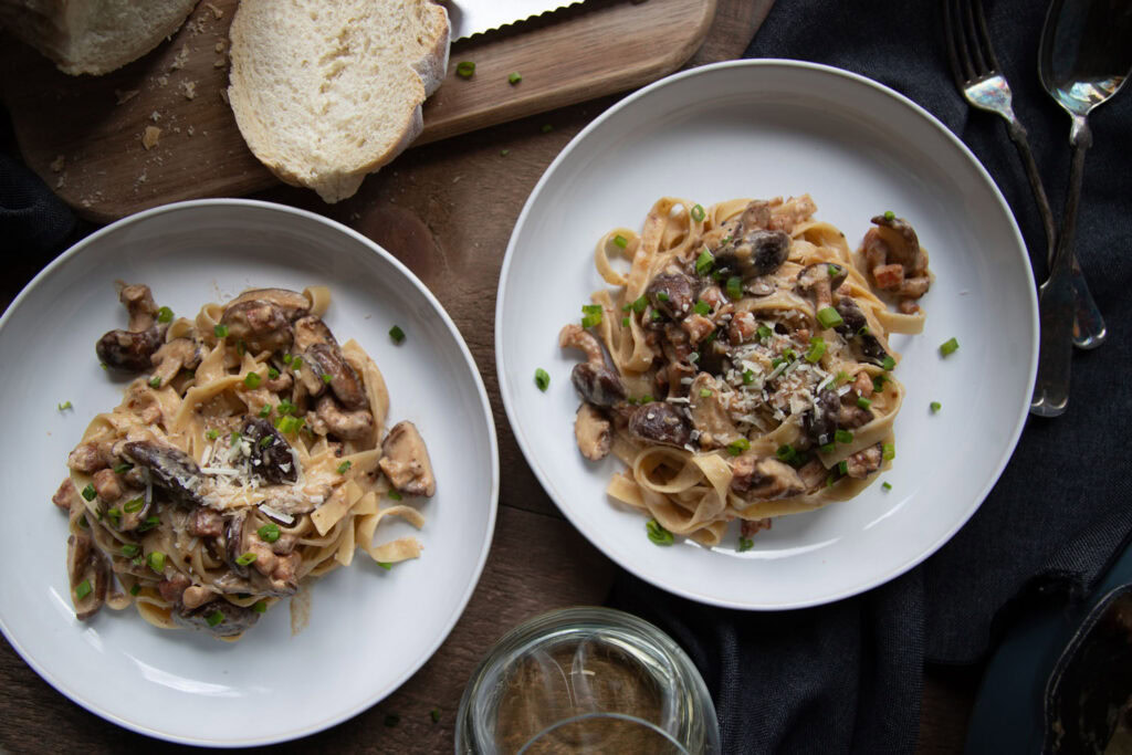 tagliatelle shiitake pancetta recette recipe mushroom champignon pates pasta Cinq Fourchettes