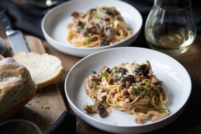 tagliatelle shiitake pancetta recette recipe mushroom champignon pates pasta Cinq Fourchettes
